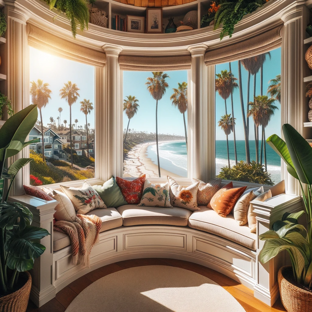 Luxurious bay window seating nook overlooking San Diego's pristine coastline with palm trees and sunlit homes.