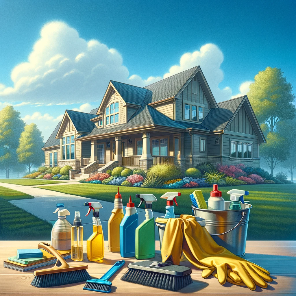 Cover image of 'Indianapolis House Cleaning' guide showing a picturesque suburban home in Indianapolis with a manicured lawn, clear blue sky, and cleaning tools in the foreground.