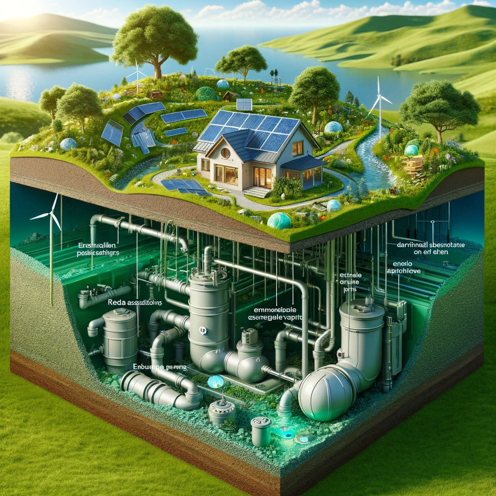 Illustration of an eco-friendly septic system in a green landscape, featuring sustainable technologies like solar panels and a modern septic tank with natural filtration.