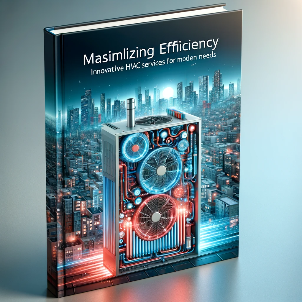 3D book cover for 'Maximizing Efficiency', featuring a futuristic HVAC system and a blend of urban and residential buildings.